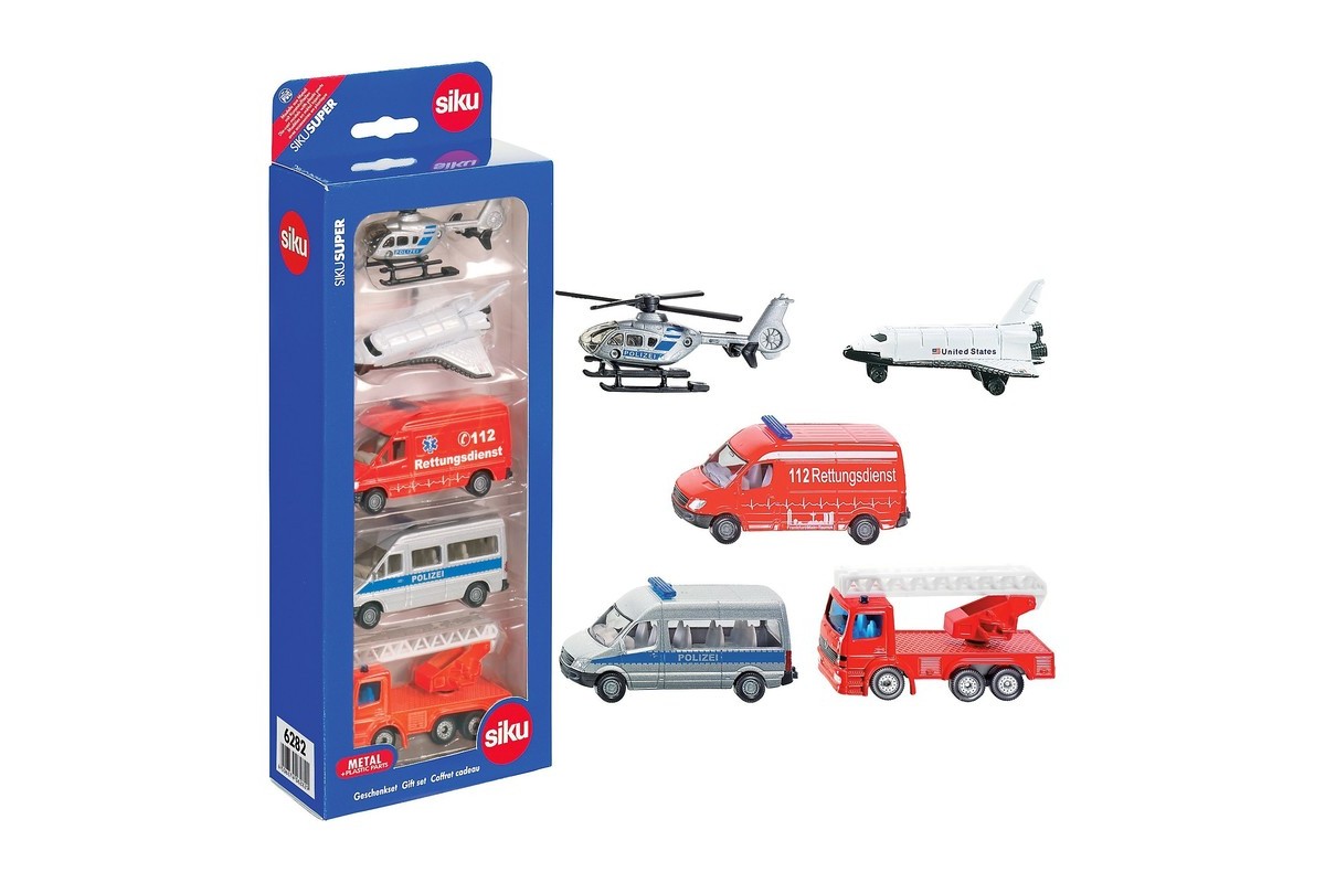 Игровой набор Вертолет, самолет, 2 микроавтобуса и пожарная машина  